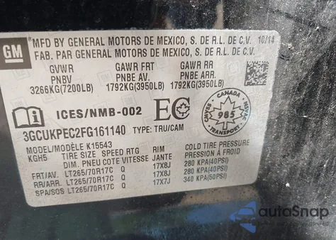 2015 Chevrolet Silverado 1500 Ls/Wt z USA, uszkodzony, nr VIN 3GCUKPEC2FG161140